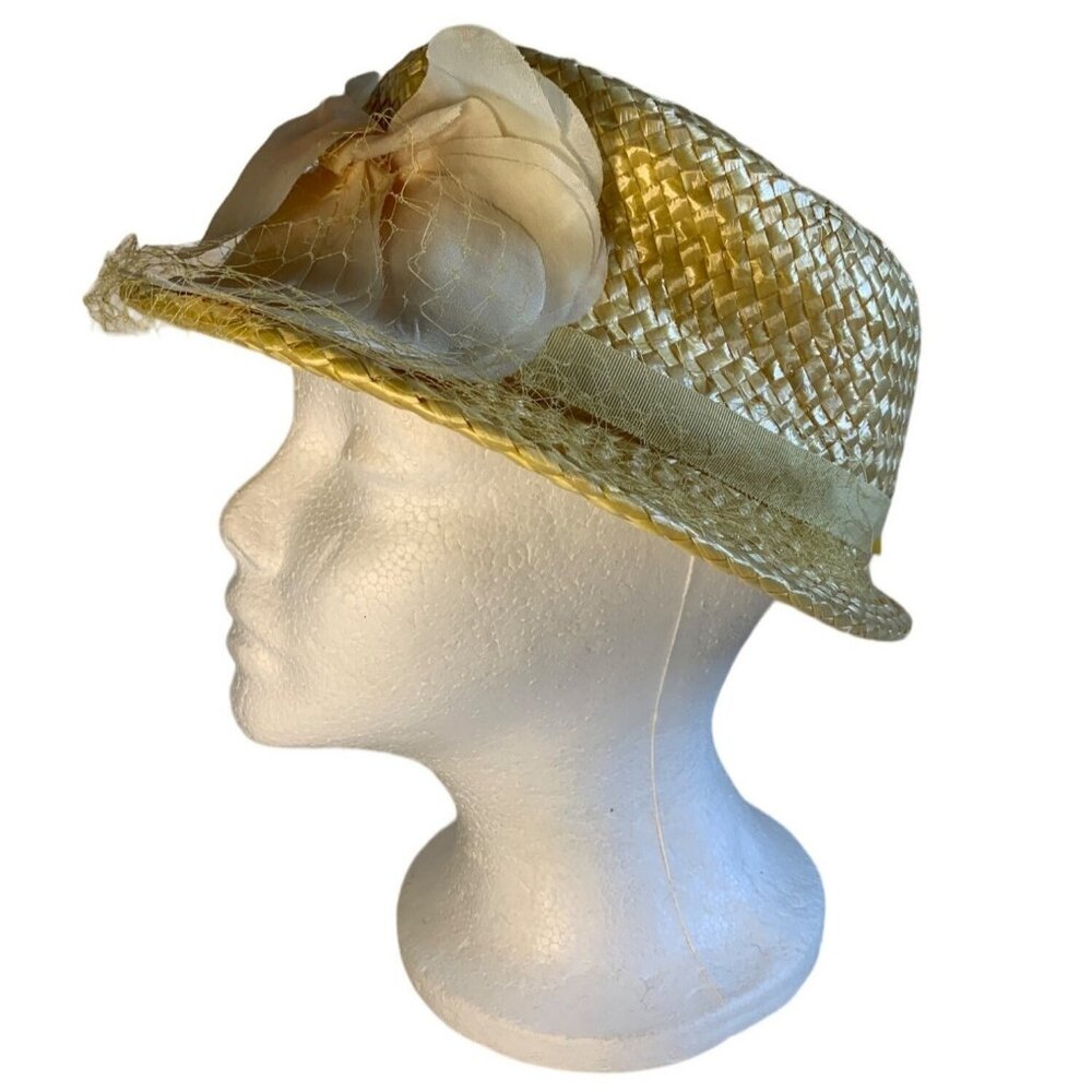 Vintage Yellow Straw Hat Womens Ribbon & Flower Accent 23 Inch Headband Chic Fla